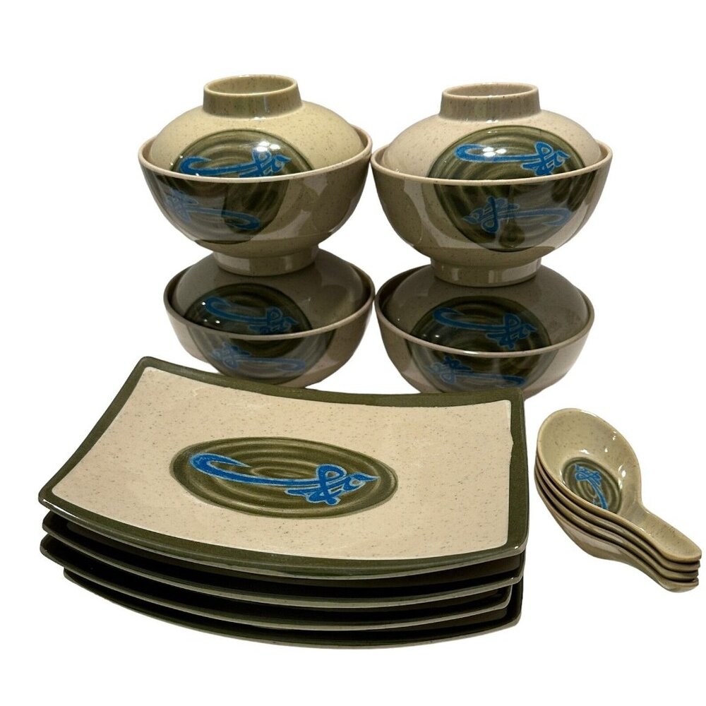 4- Tai-Hong “Wei” Melamine Ware Sushi Plate Miso Rice Bowl Lid Spoons